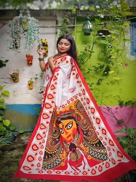 Hand Painted Cotton Saree with Durga Face Design